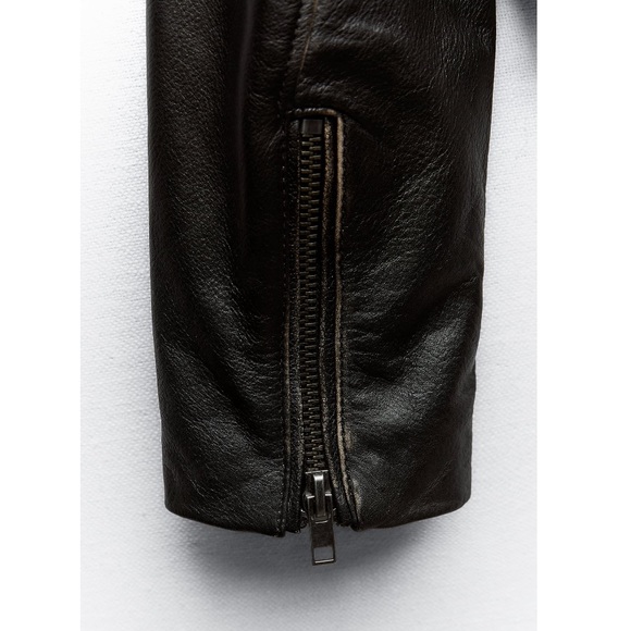 NWT Zara Distressed Effect High Collar Leather Jacket Dark Brown Sz:L - Picture 9 of 16